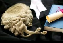 Lawyers wig, wig and gown.