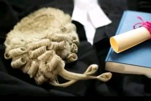 Lawyers wig, wig and gown. 